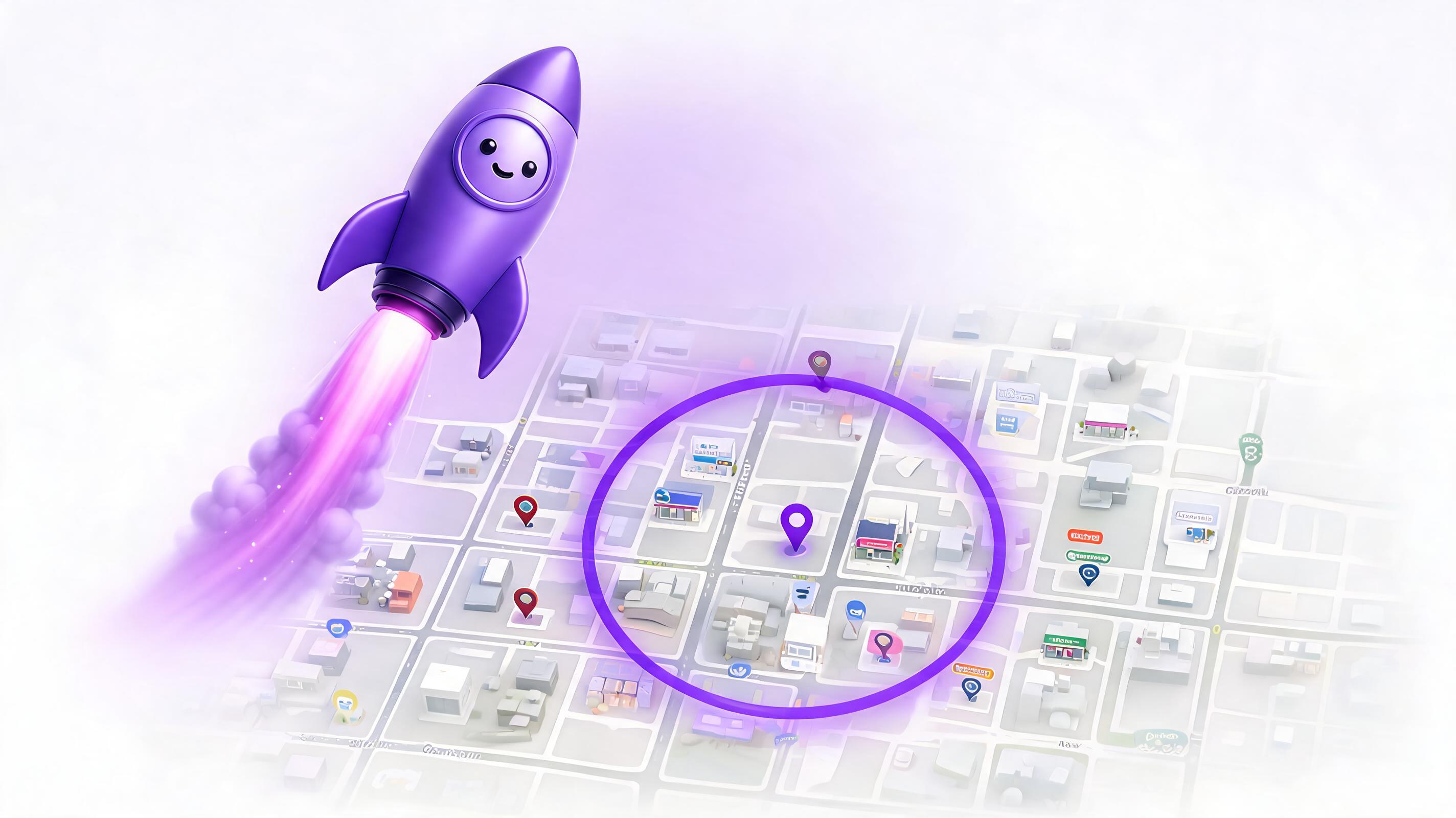 A cheerful purple rocket soaring above a stylized map featuring various location markers and buildings.
