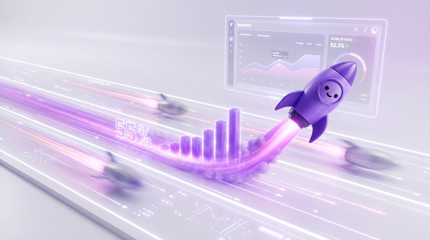 A purple rocket with a smiling face launches upward, leaving a trail of data graphs and metrics