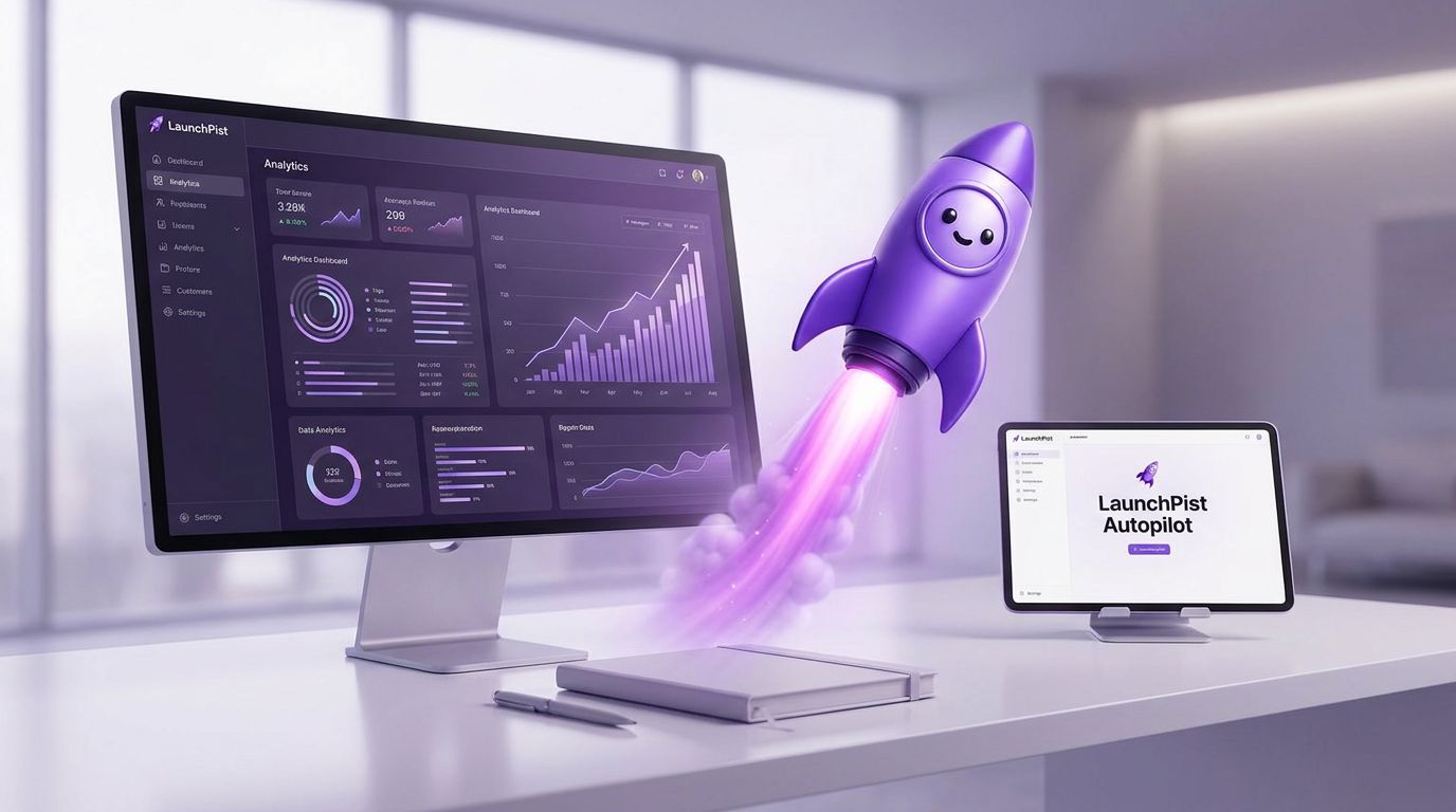 A modern workspace featuring a computer monitor displaying analytics graphs and a tablet with a logo