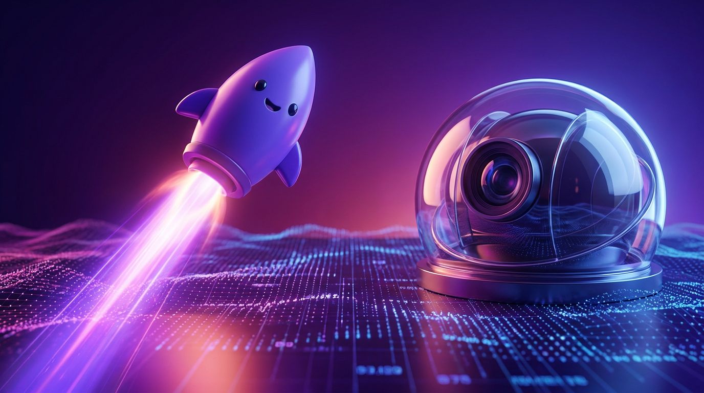 A cute purple rocket with a smiling face launches into the air beside a transparent camera dome