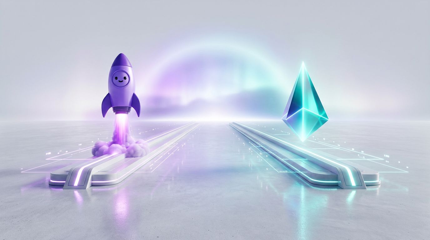 A colorful digital scene featuring a cartoonish rocket launching on one side and a crystal-like geometric shape on the