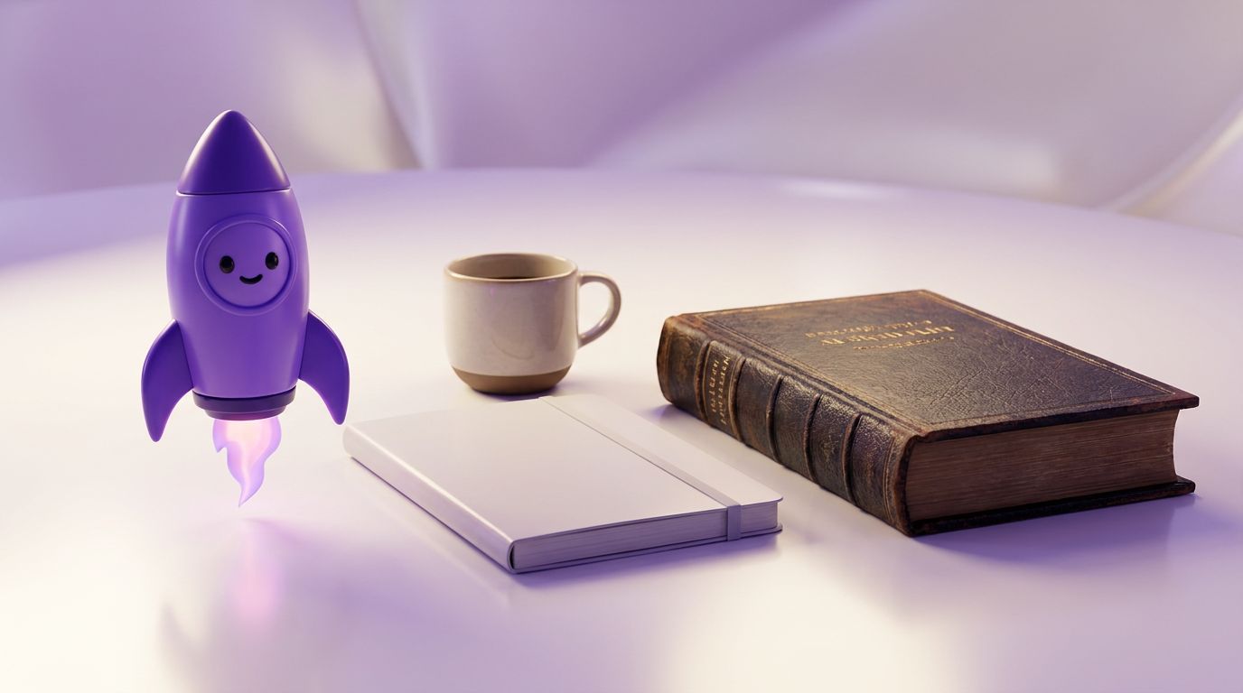 A purple rocket toy with a smiling face beside a coffee cup, a blank notebook, and an old book on a white table.
