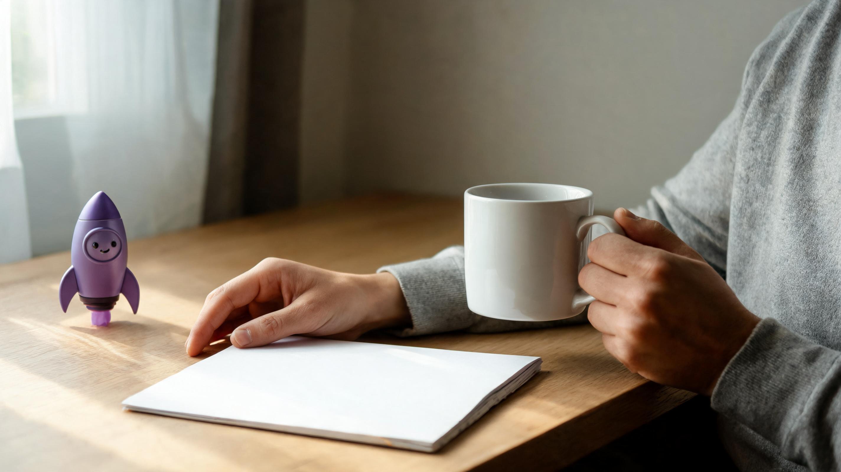 A person holding a white mug sits at a wooden table with a blank notepad and a purple rocket-shaped toy.