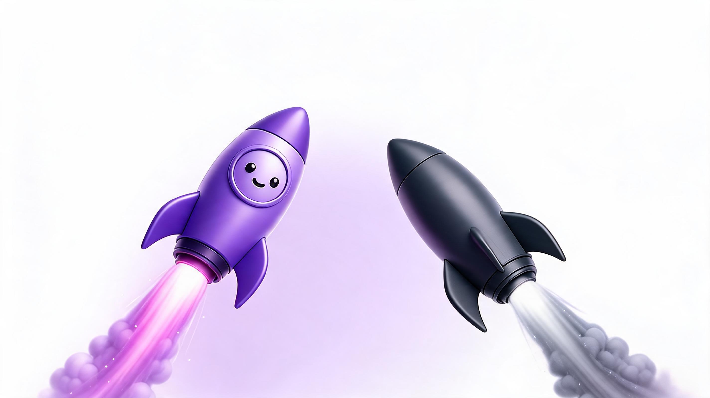 Two cartoon rockets, one purple with a smiling face and the other black, are launching with colorful trails.