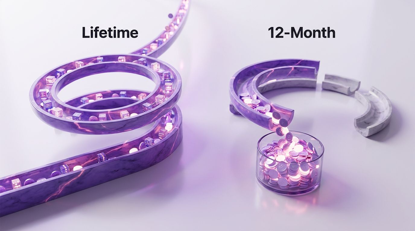 A visual comparison of lifetime and 12-month affiliate commissions, featuring two spirals of glowing coins