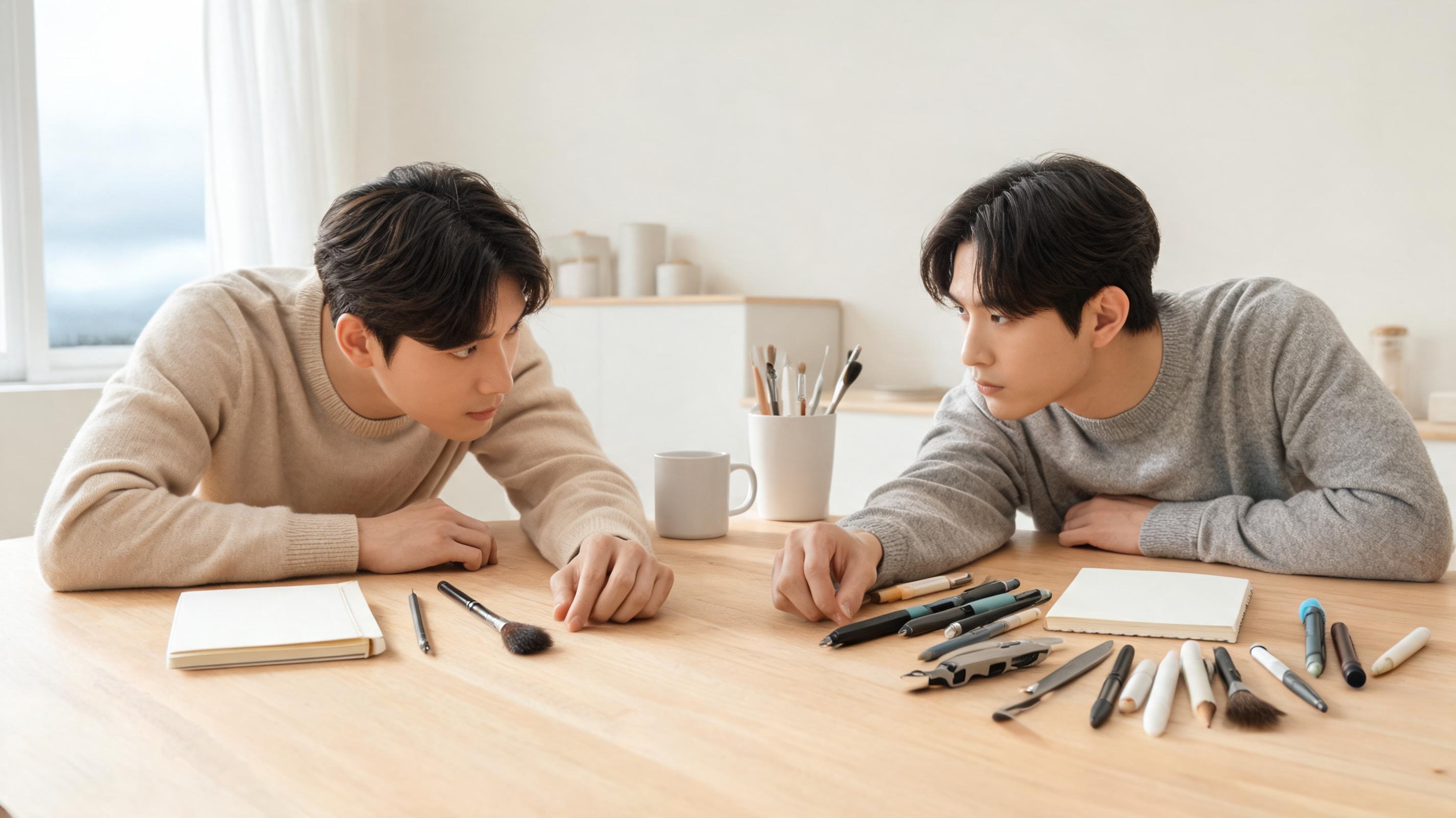 Two young men in sweaters sit at a wooden table, examining various writing tools and notebooks.