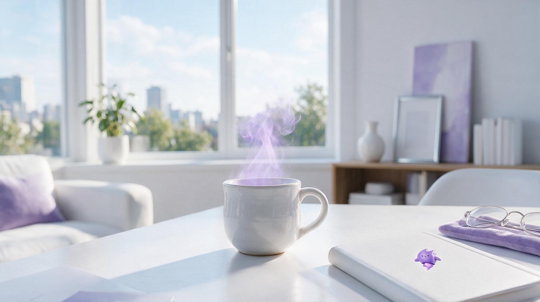A cozy workspace featuring a steaming white mug, a notebook, and glasses, with a bright city view.