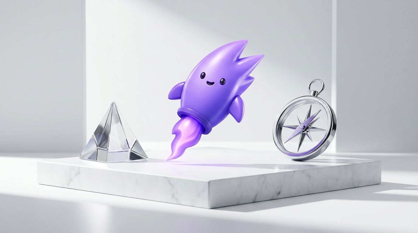 A purple cartoonish rocket with a smiling face, a clear glass pyramid, and a compass on a marble surface.