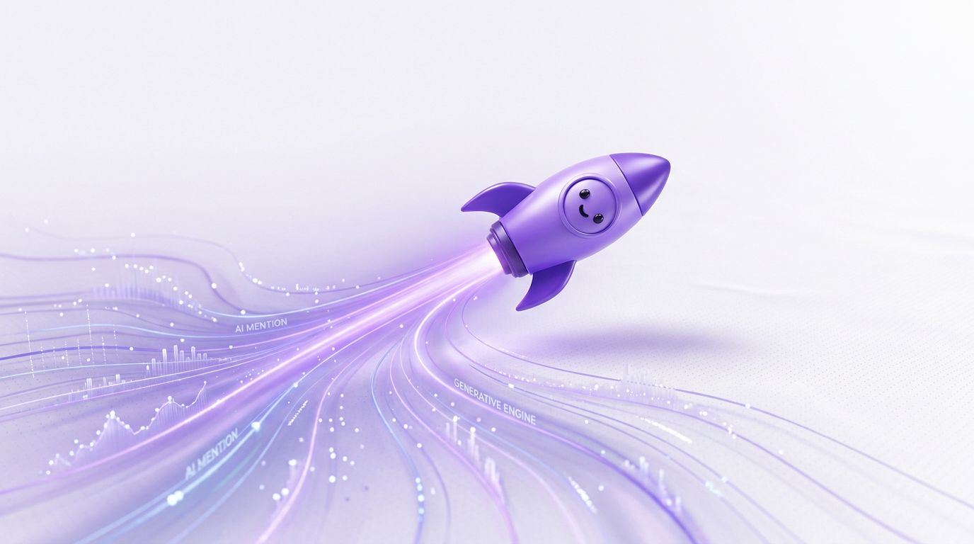 A purple rocket with a smiling face launches into the air, leaving behind glowing data trails, symbolizing AI mentions.