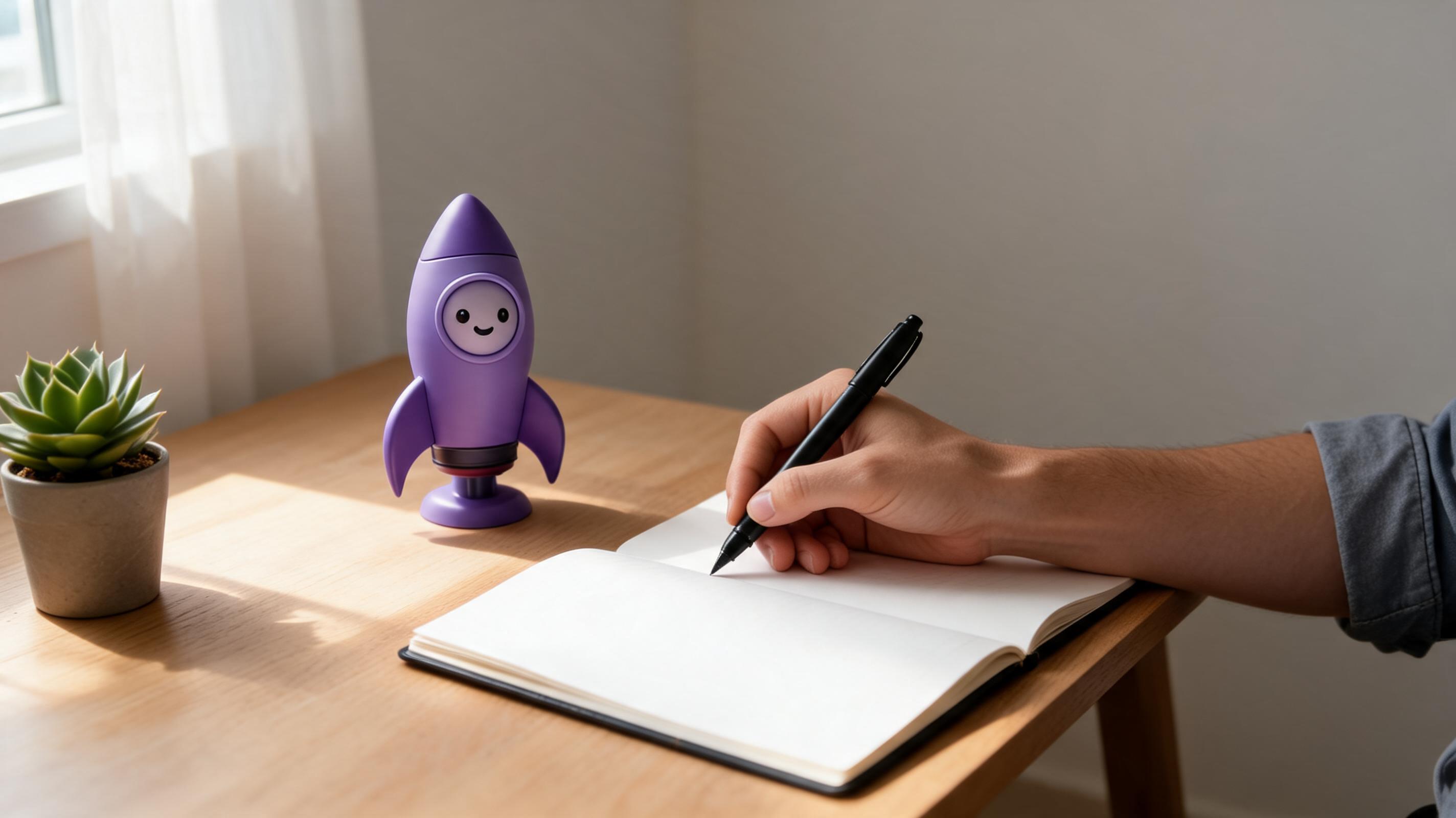 A hand holding a pen writes in a blank notebook on a wooden table, with a purple rocket figurine and a small plant nearby