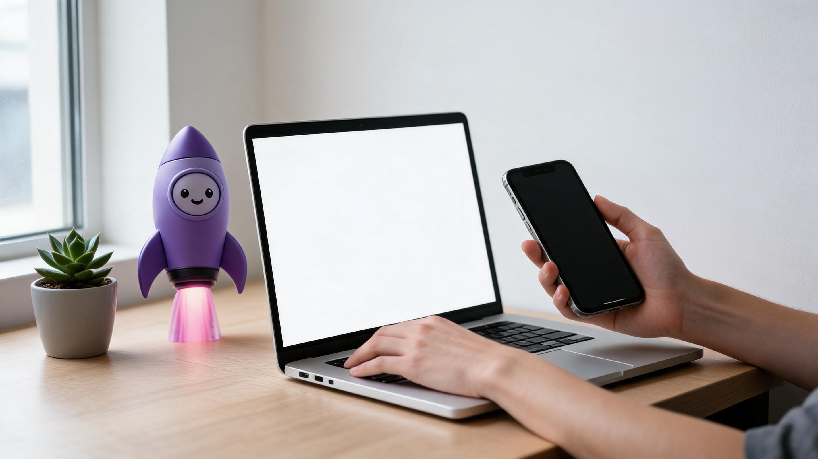 A person using a laptop and holding a smartphone, with a purple rocket lamp and a small plant on a wooden desk.