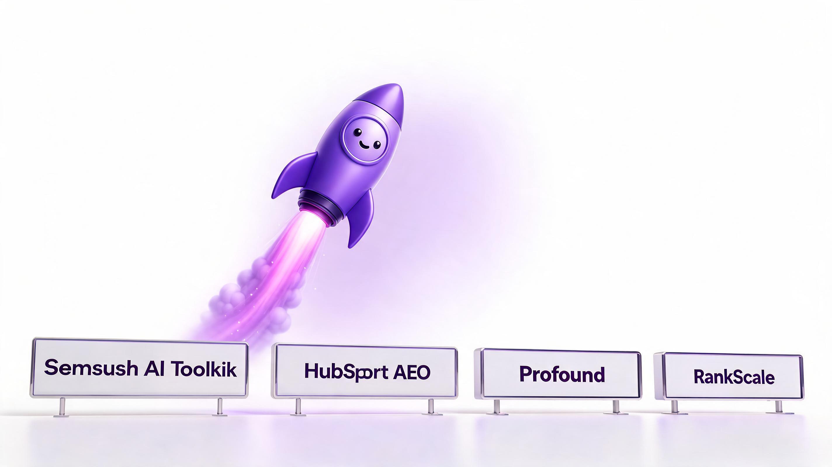 A purple rocket with a smiling face launches upward against a white background, with signs for Semrush AI Toolkit