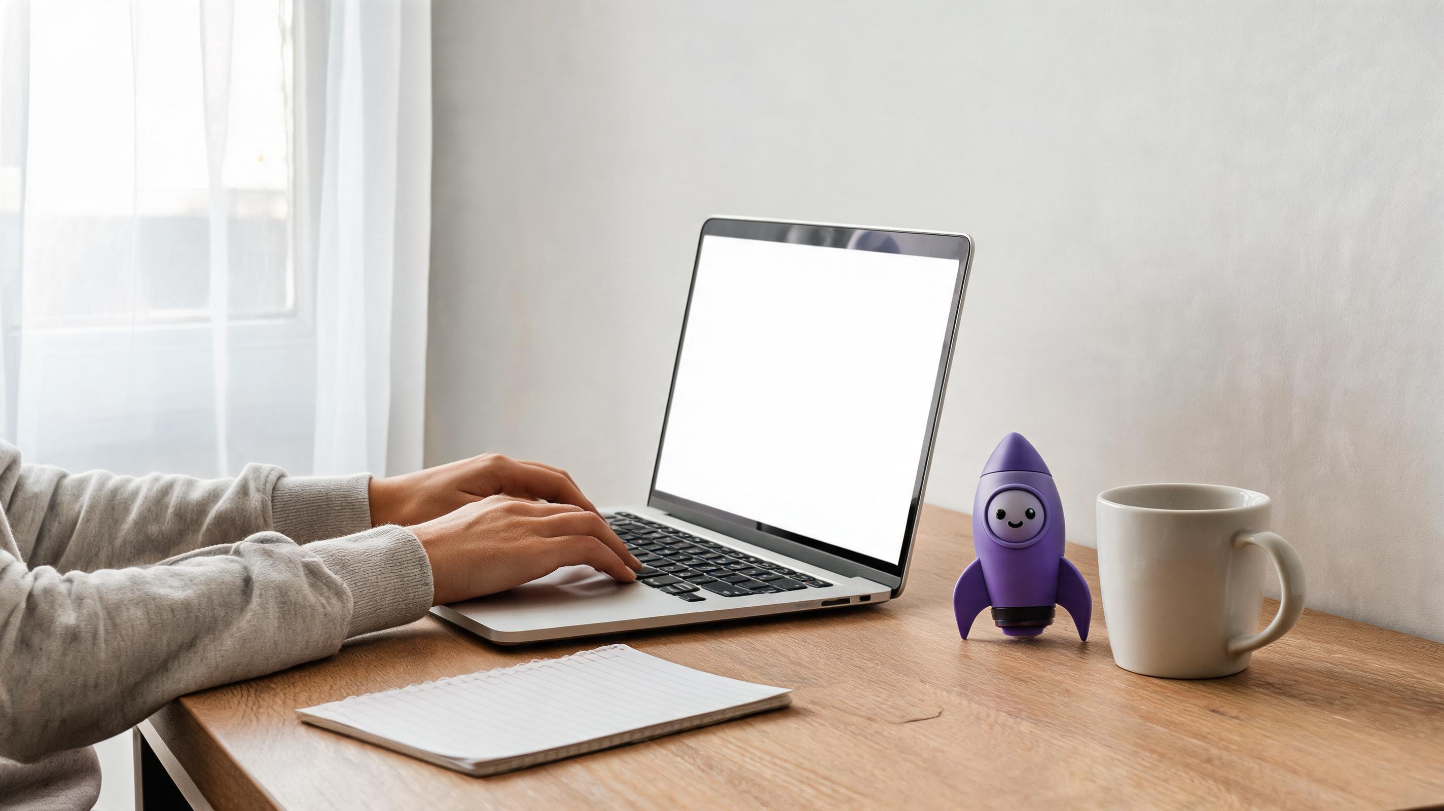 A person typing on a laptop at a wooden desk, with a notepad and a coffee mug nearby, symbolizing SEO visibility.
