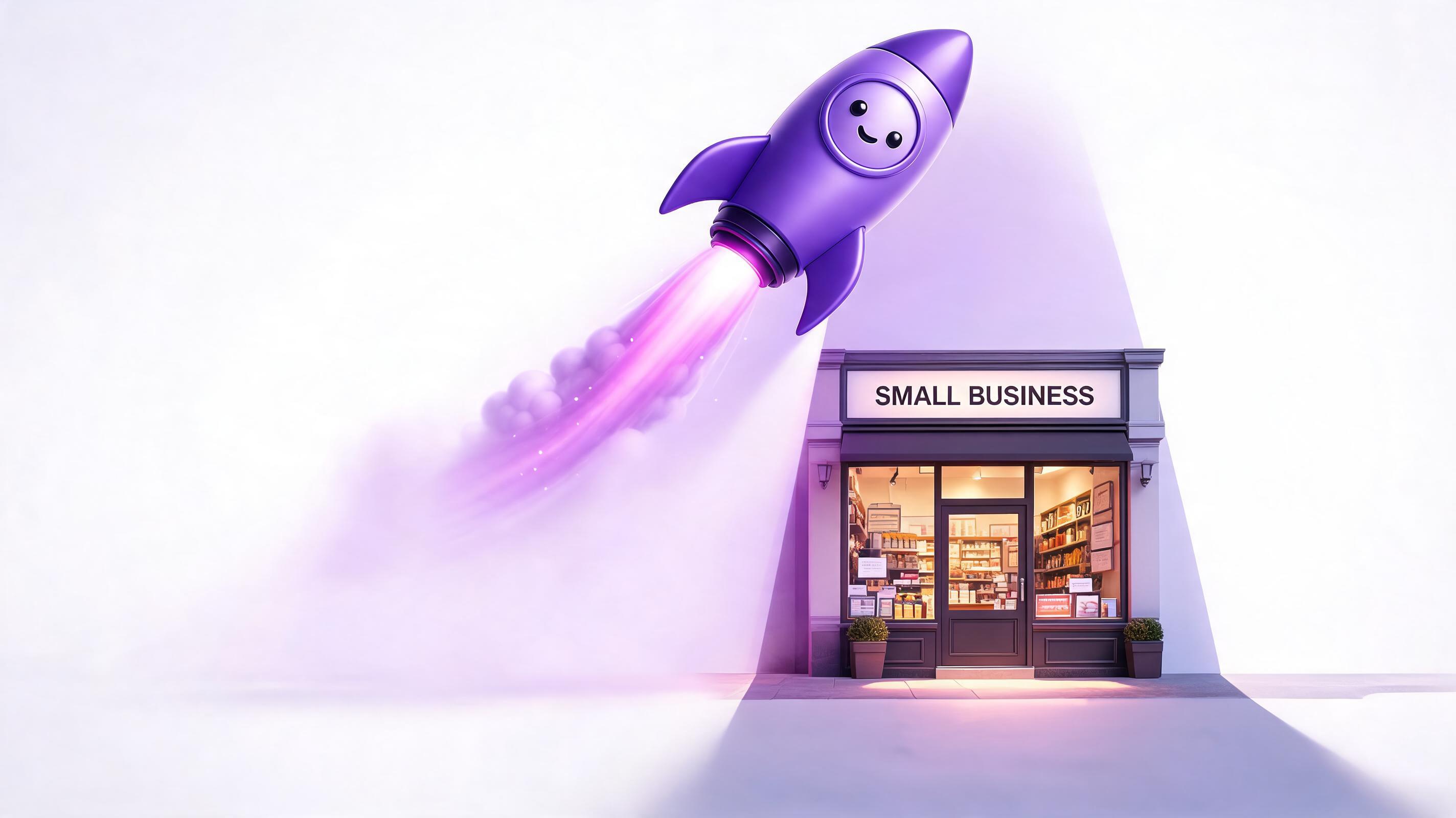 A cheerful purple rocket launching from a small business storefront, symbolizing SEO visibility.