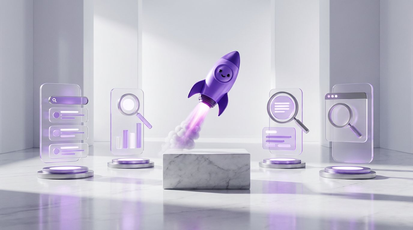 A purple rocket launching from a marble pedestal, surrounded by transparent icons representing AI visibility tools.