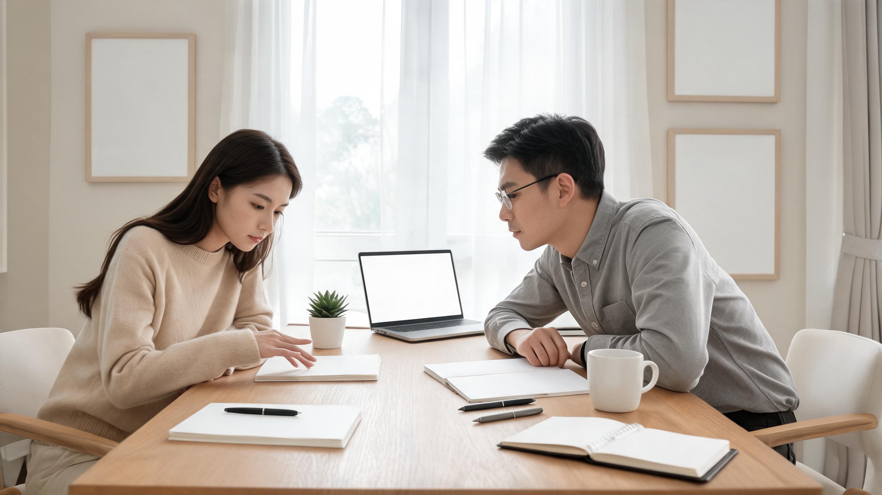 A woman and a man sit at a wooden table, discussing notes with a laptop and a plant nearby