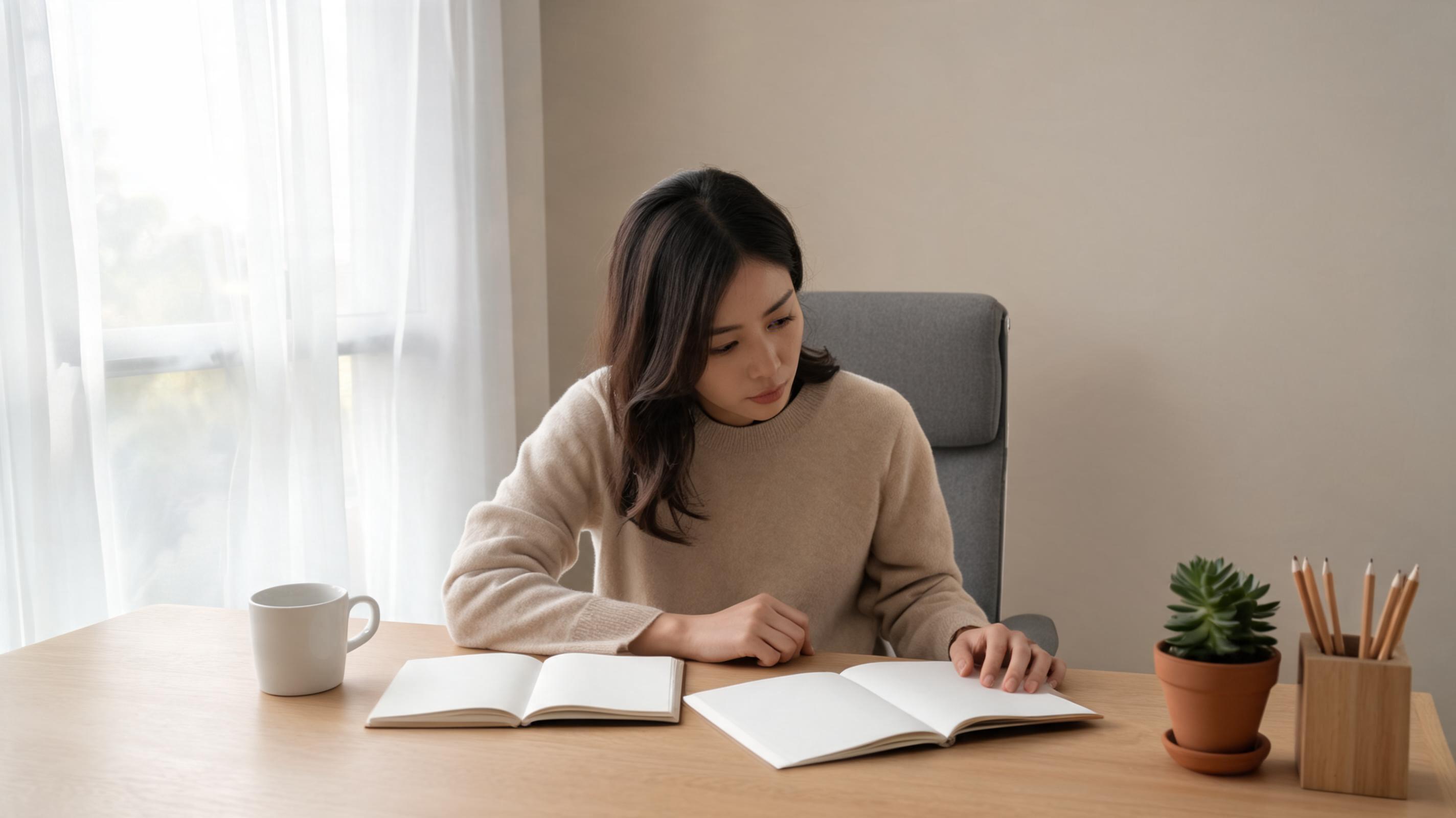 A woman in a beige sweater sits at a wooden desk, reviewing open notebooks with a cup and a potted plant nearby