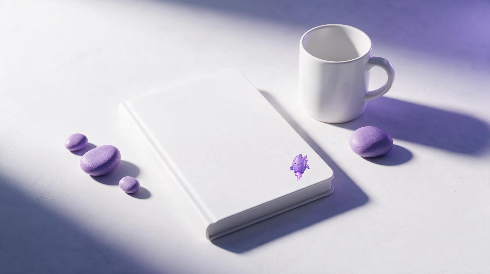 A white notebook with a purple logo rests on a light surface beside a white mug and purple stones