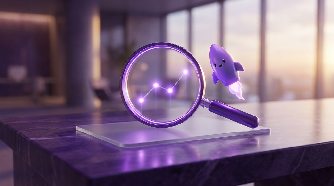 A magnifying glass with a purple handle focuses on a graph with rising lines, while a small rocket character hovers nearby