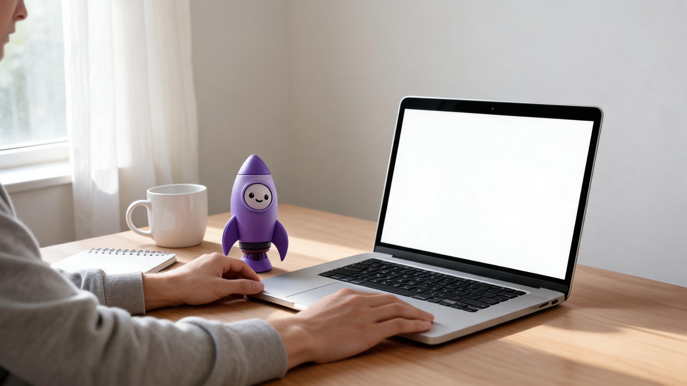 A person using a laptop on a wooden desk with a purple rocket figurine and a coffee mug