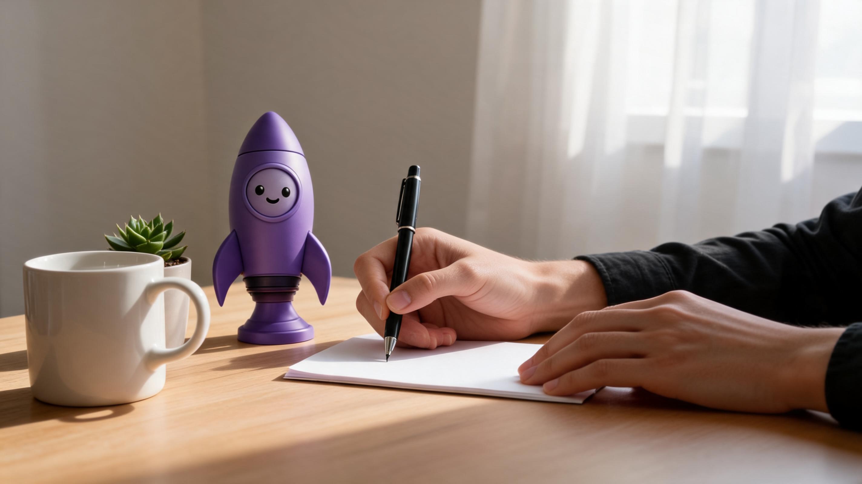 A person writes on a notepad with a pen, a purple rocket-shaped toy and a coffee cup nearby, in a bright room.