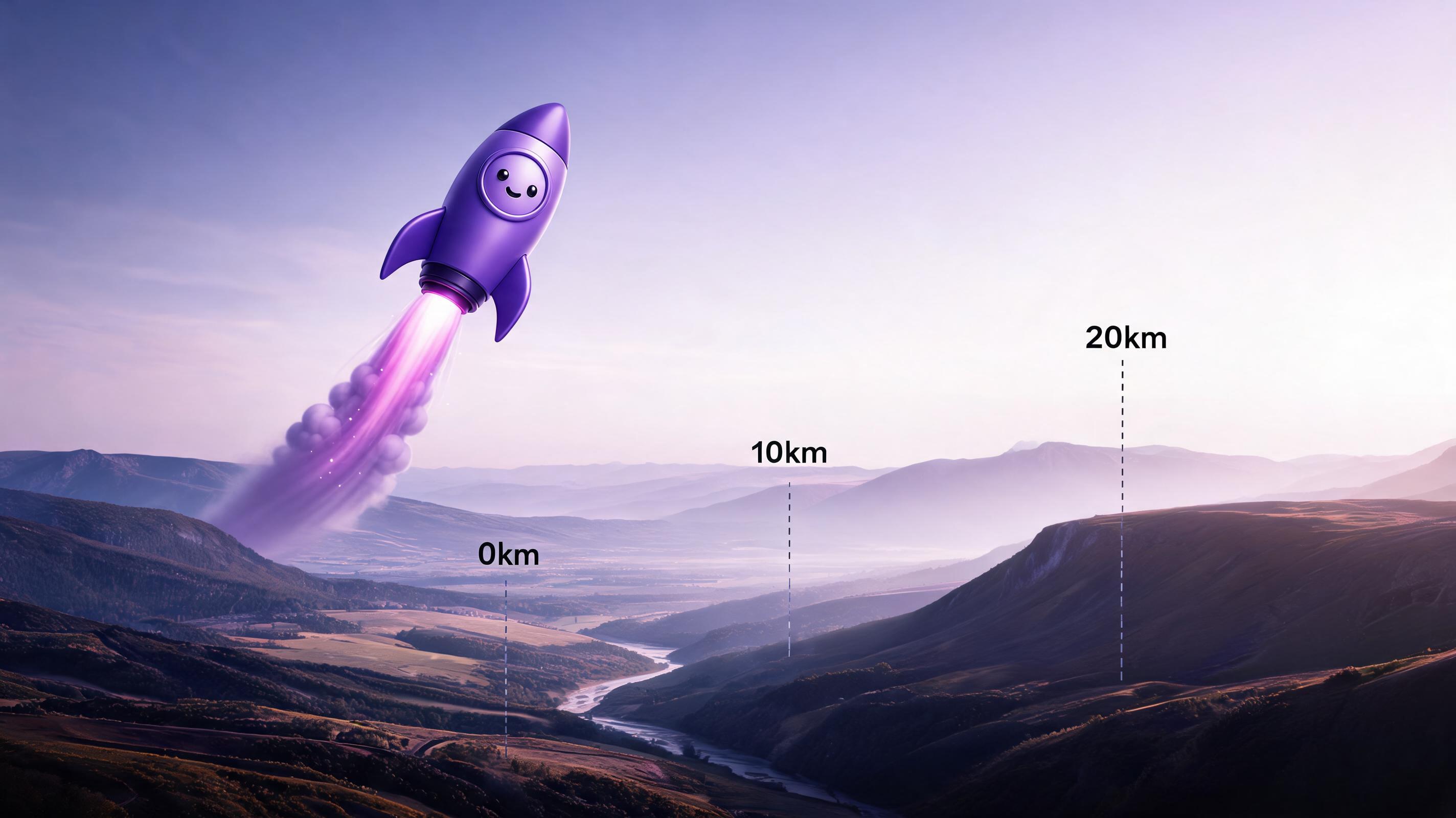 A whimsical purple rocket with a smiling face ascends into a clear sky over a scenic landscape