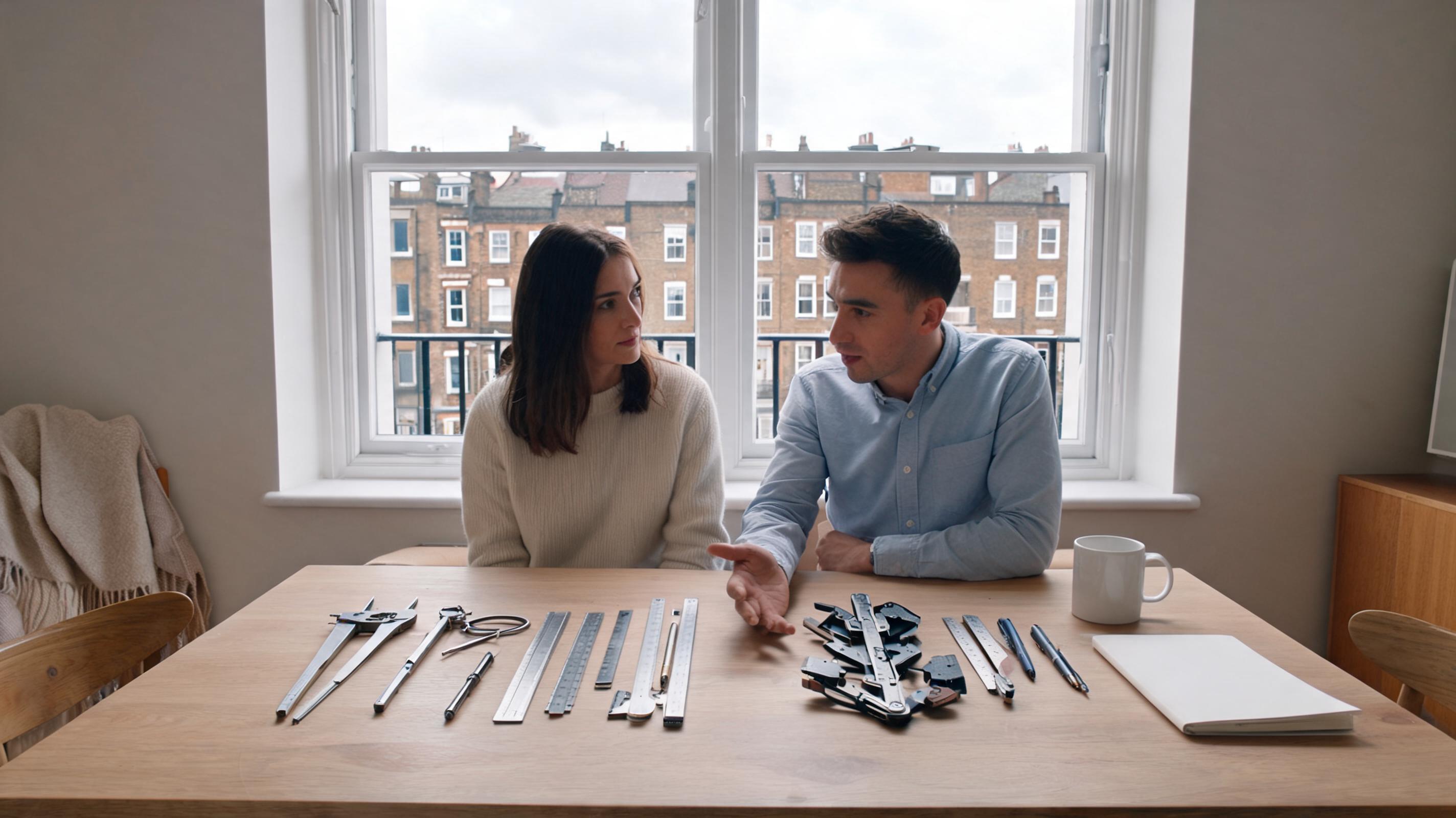 A man and woman discussing various tools laid out on a wooden table, with a city view through a window.