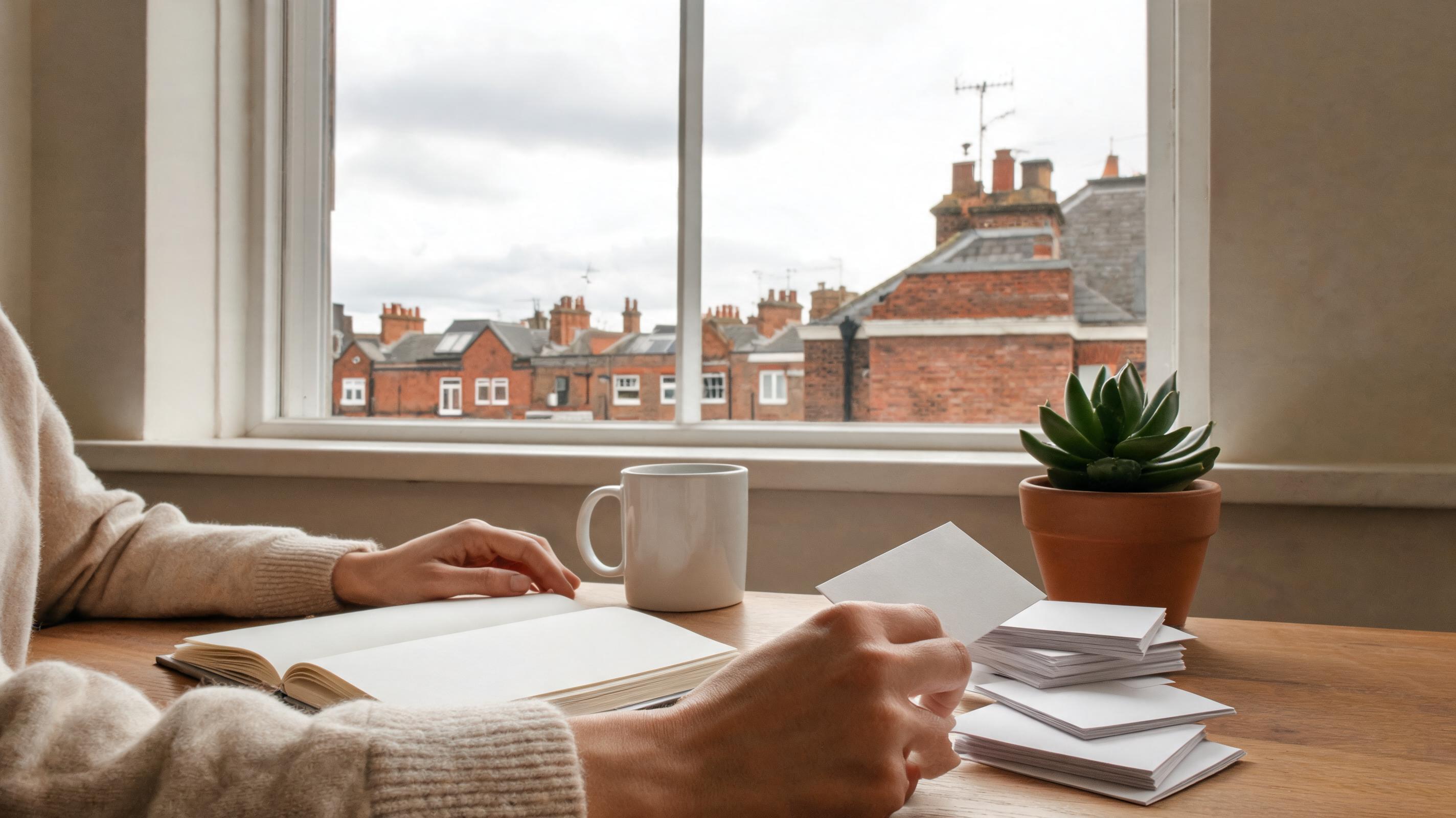 A person sitting at a wooden table with a notebook and a mug, looking out a window at London rooftops.