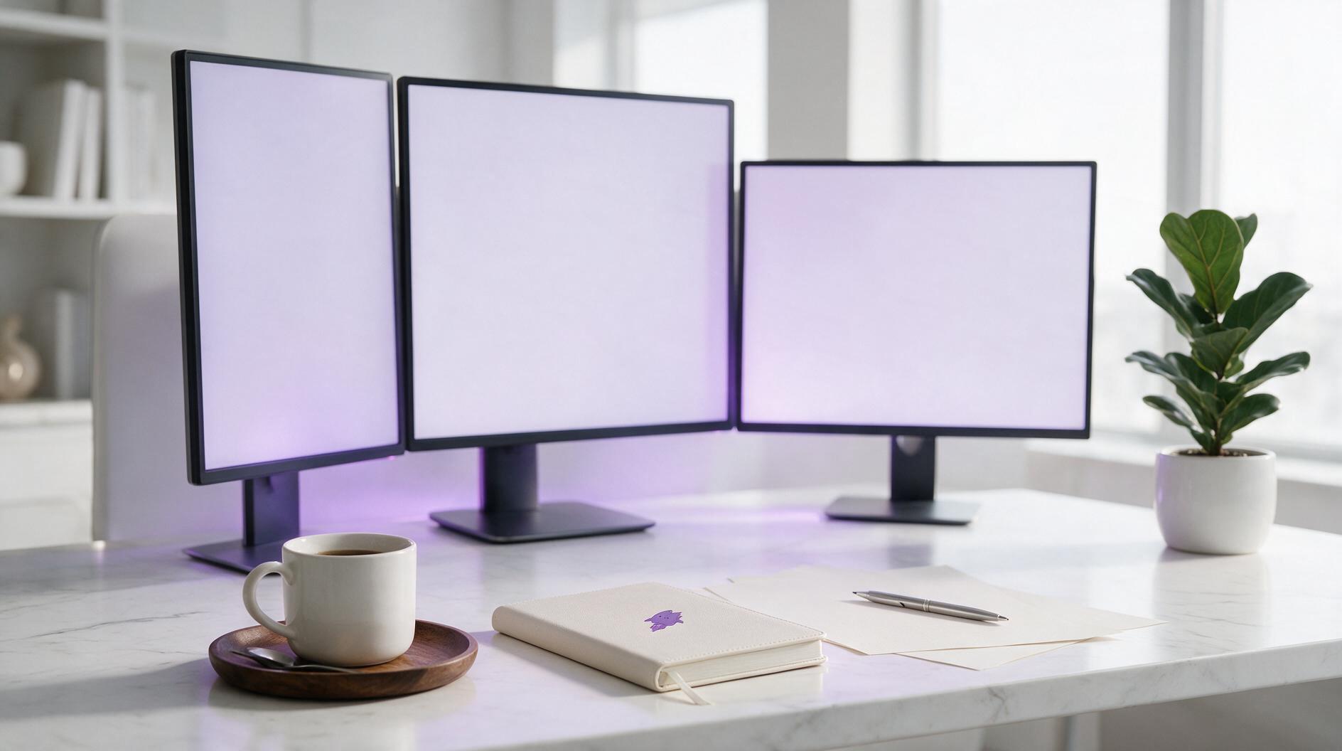 A modern workspace featuring three blank computer monitors, a cup of coffee on a wooden tray, a notepad with pens