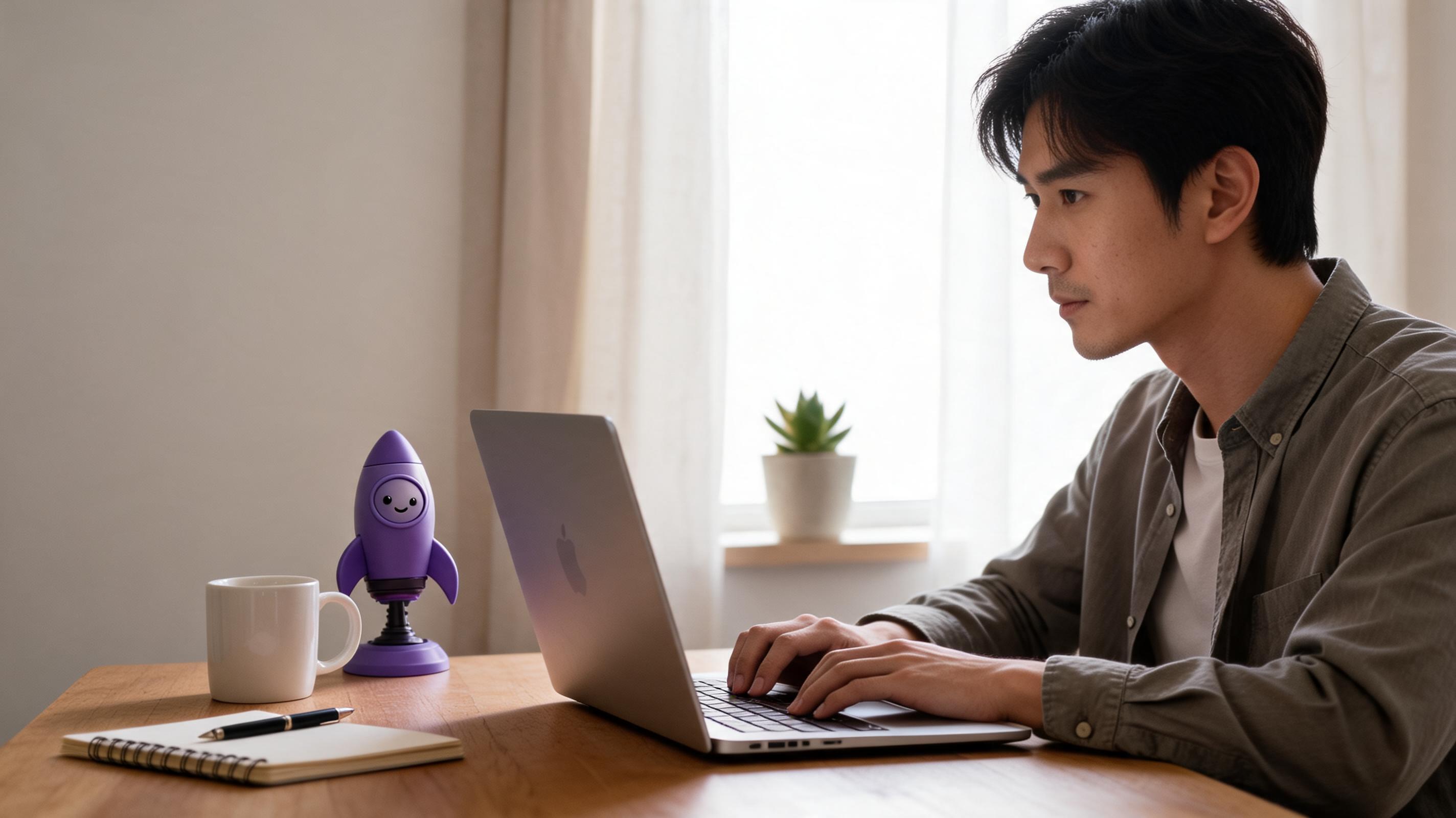 A young man working on a laptop at a wooden table, with a coffee cup and a purple rocket figurine nearby, in a bright room.