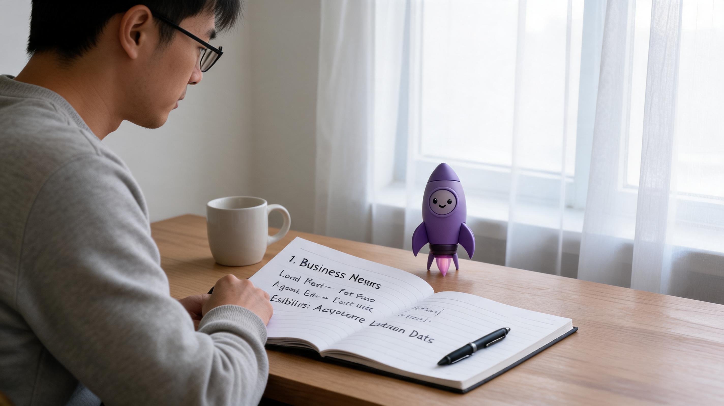 A person with glasses sits at a wooden table, writing in a notebook with a cup nearby