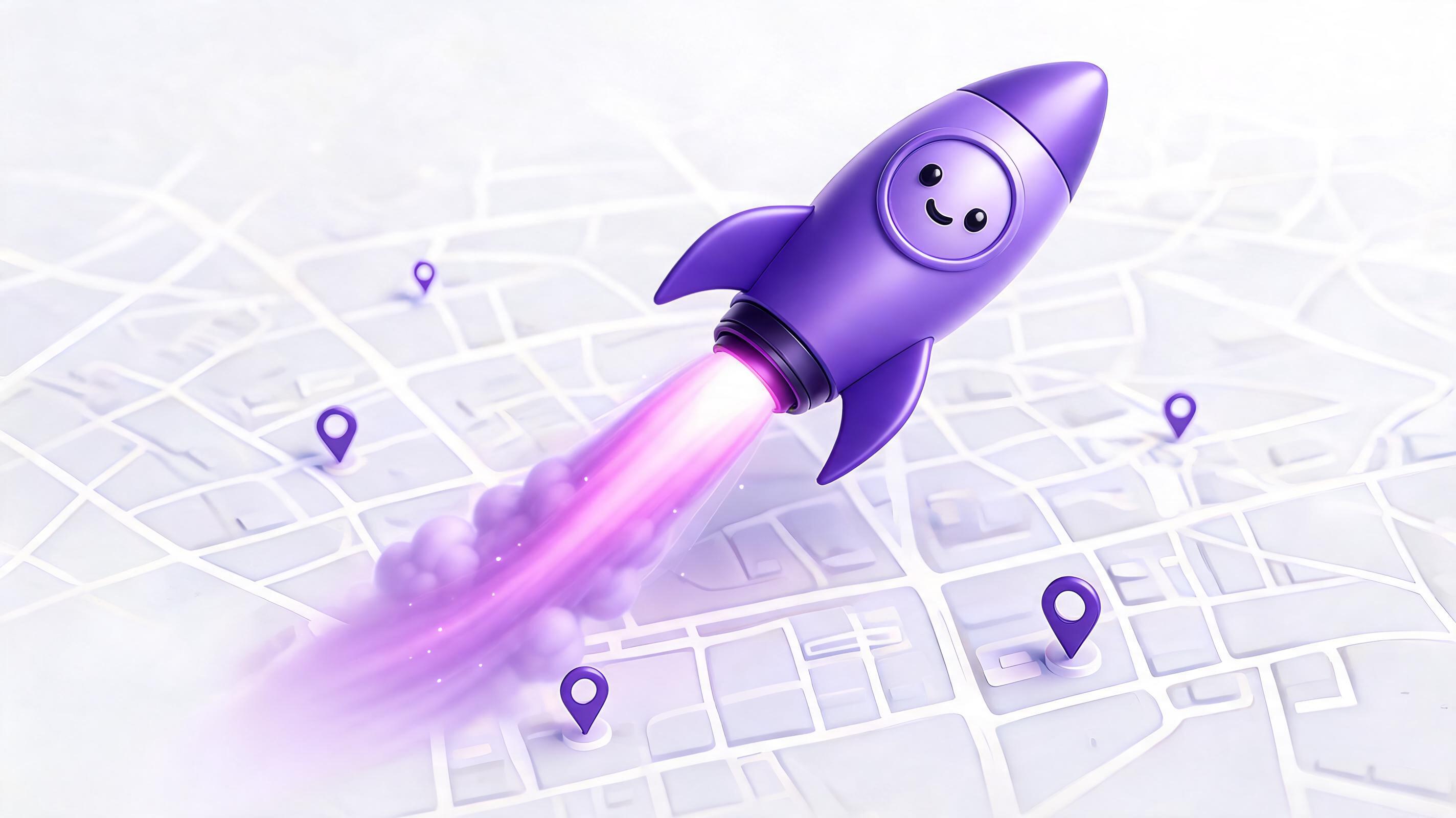 A cheerful purple rocket launching into the sky above a stylized map with location markers