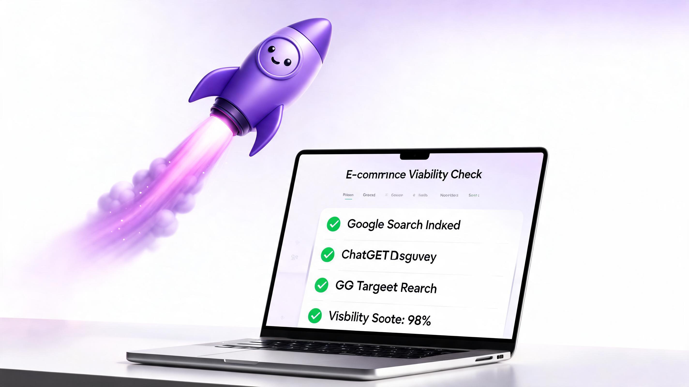 A laptop displaying an e-commerce viability check dashboard with a smiling rocket icon launching above it.