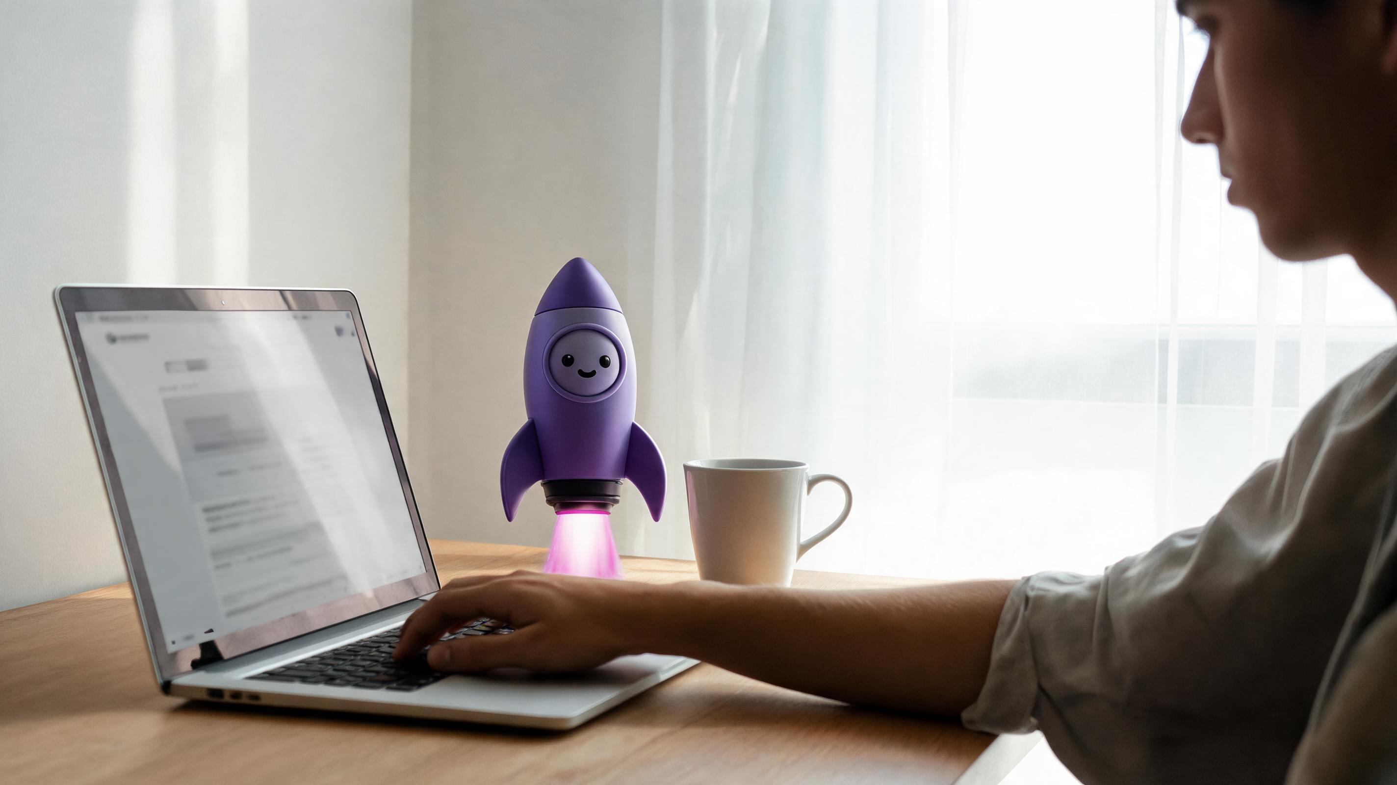 A person using a laptop on a wooden desk with a purple rocket-shaped lamp and a white mug nearby.