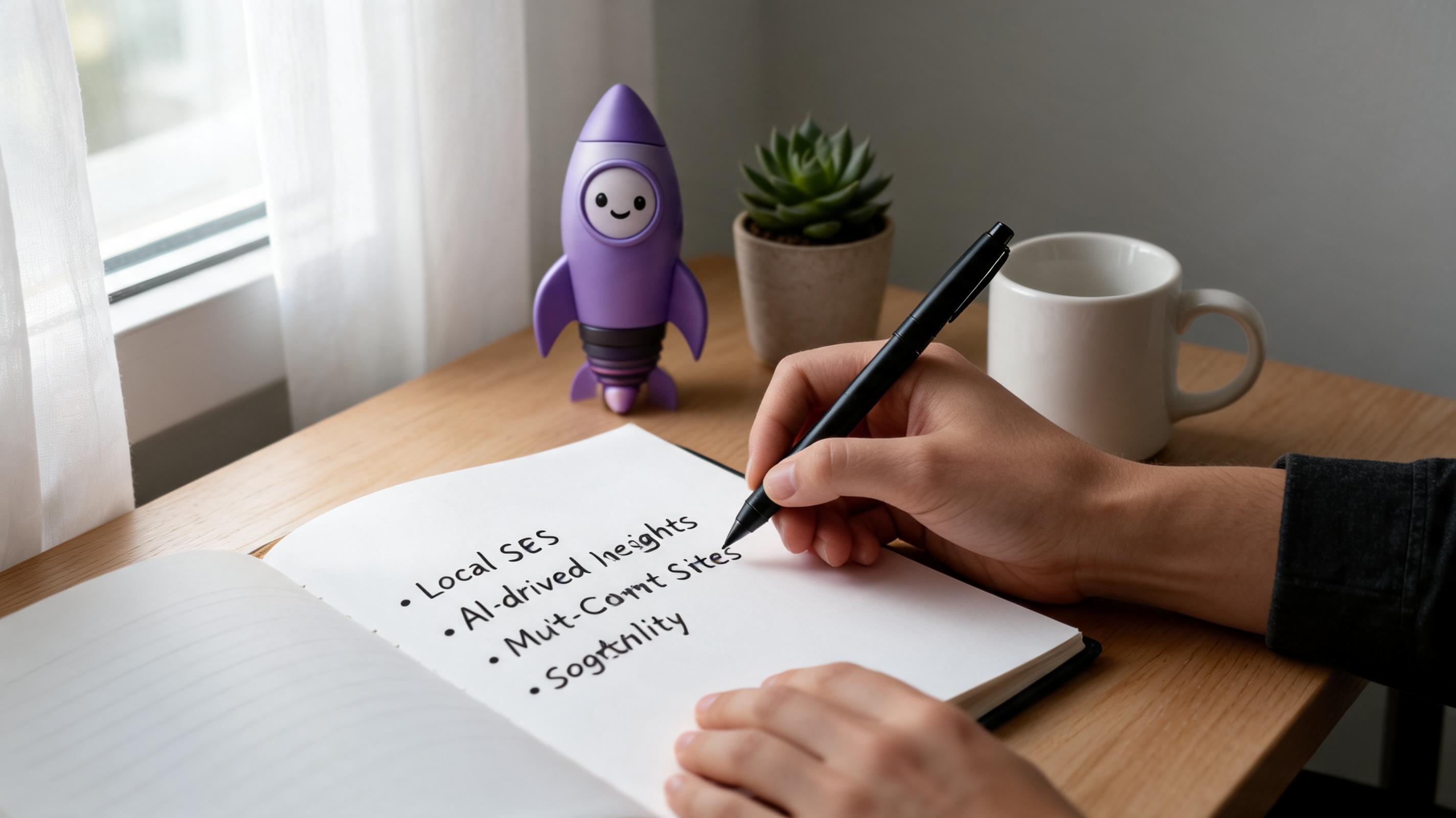 A person writes in a notebook with a black pen, listing business tools like Local SEO and AI-driven insights