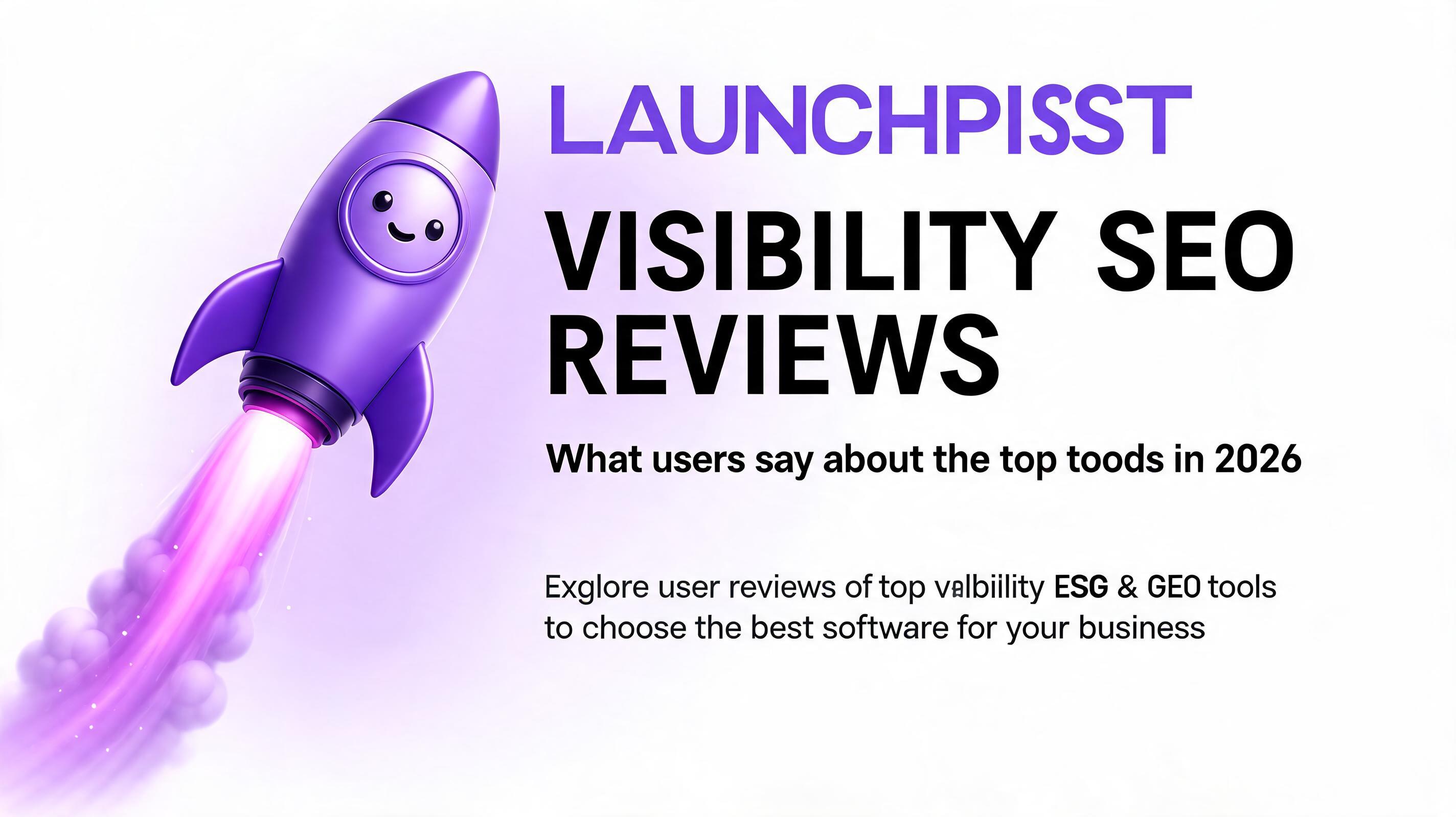 A cheerful purple rocket with a smiling face takes off against a light background, representing visibility SEO reviews.
