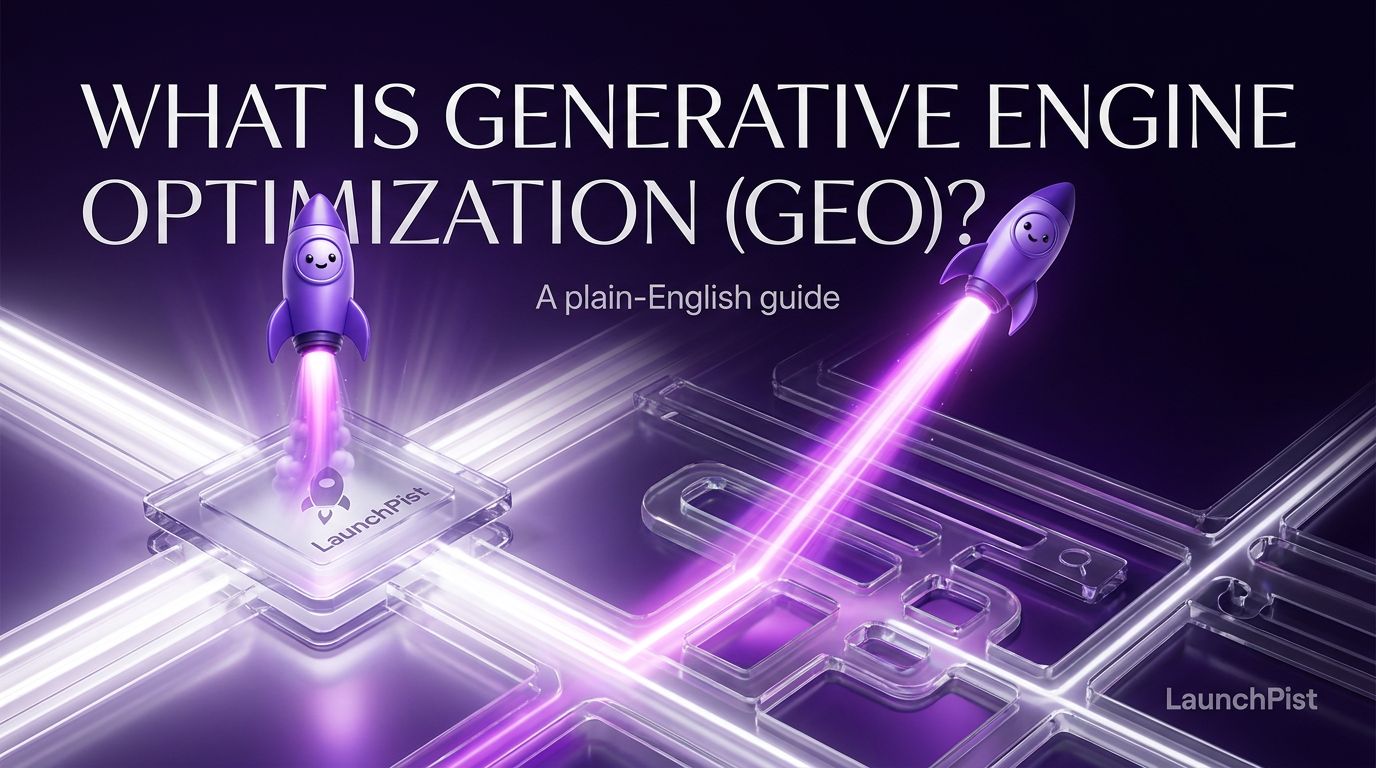 Two purple rockets launching from a circuit board with glowing lines, representing generative engine optimization.