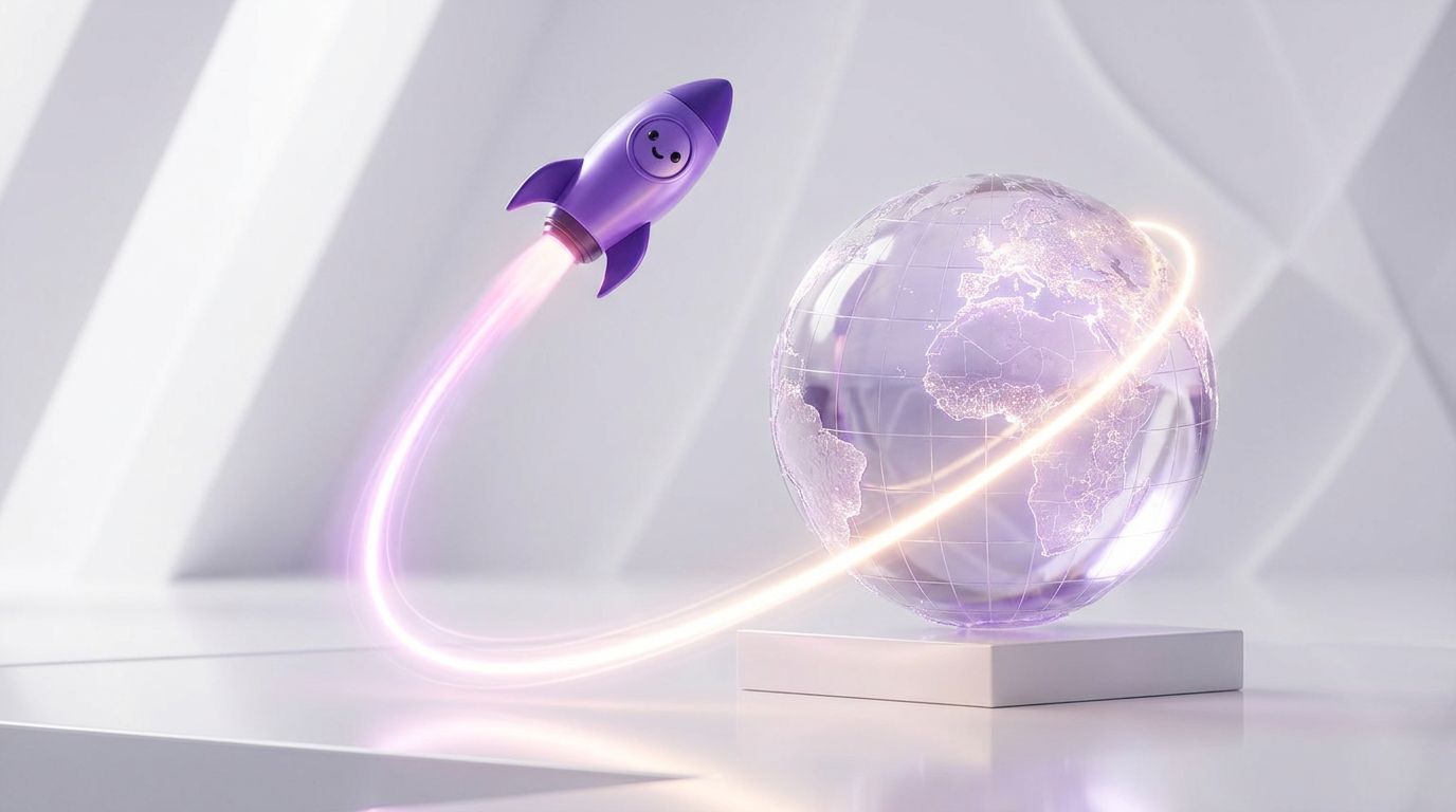 A purple rocket with a smiling face launches around a translucent globe, symbolizing SEO and geographic visibility.