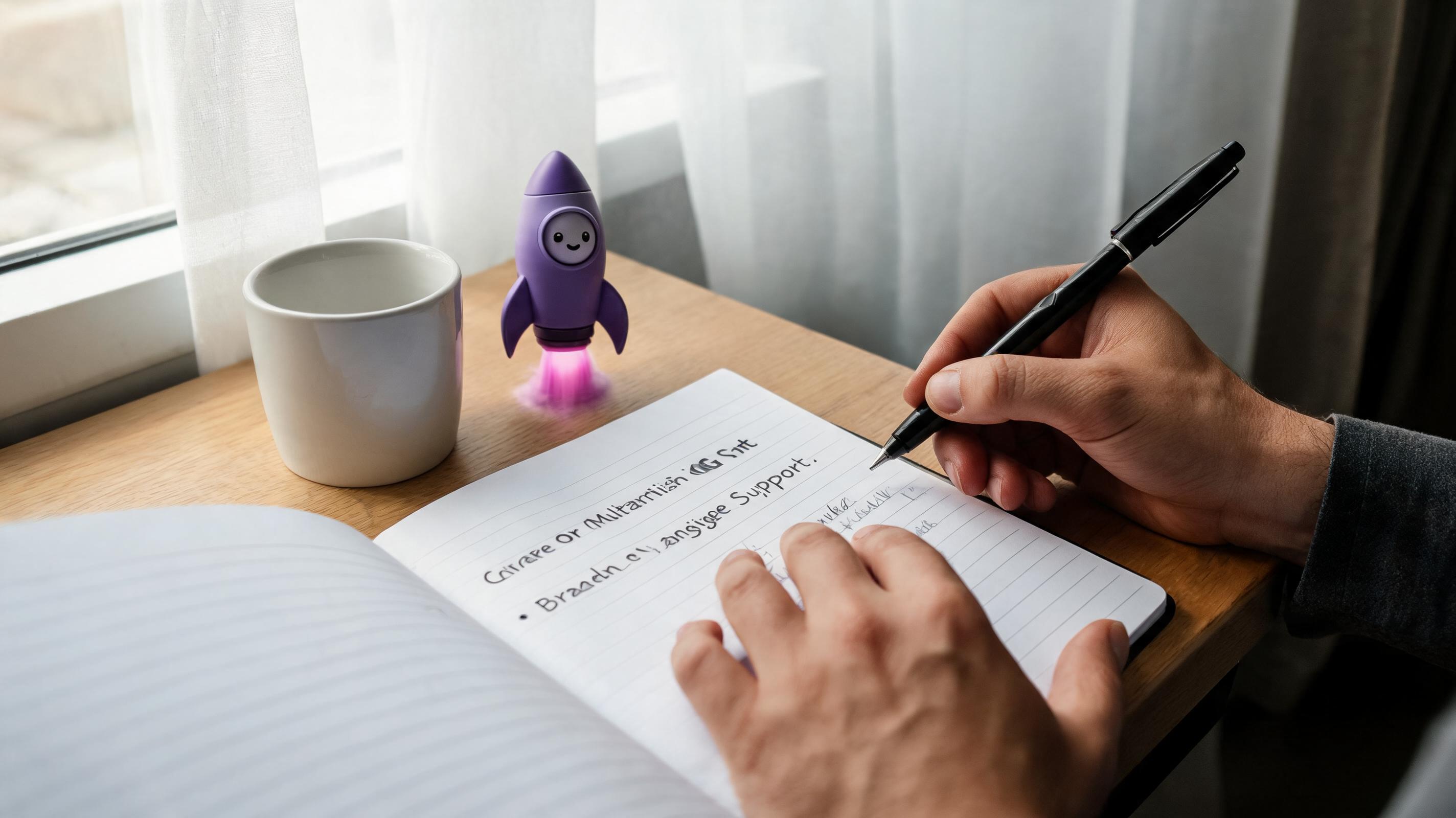 A person writing in a notebook beside a cup and a small purple rocket figurine, focusing on multilingual AI SEO tools.