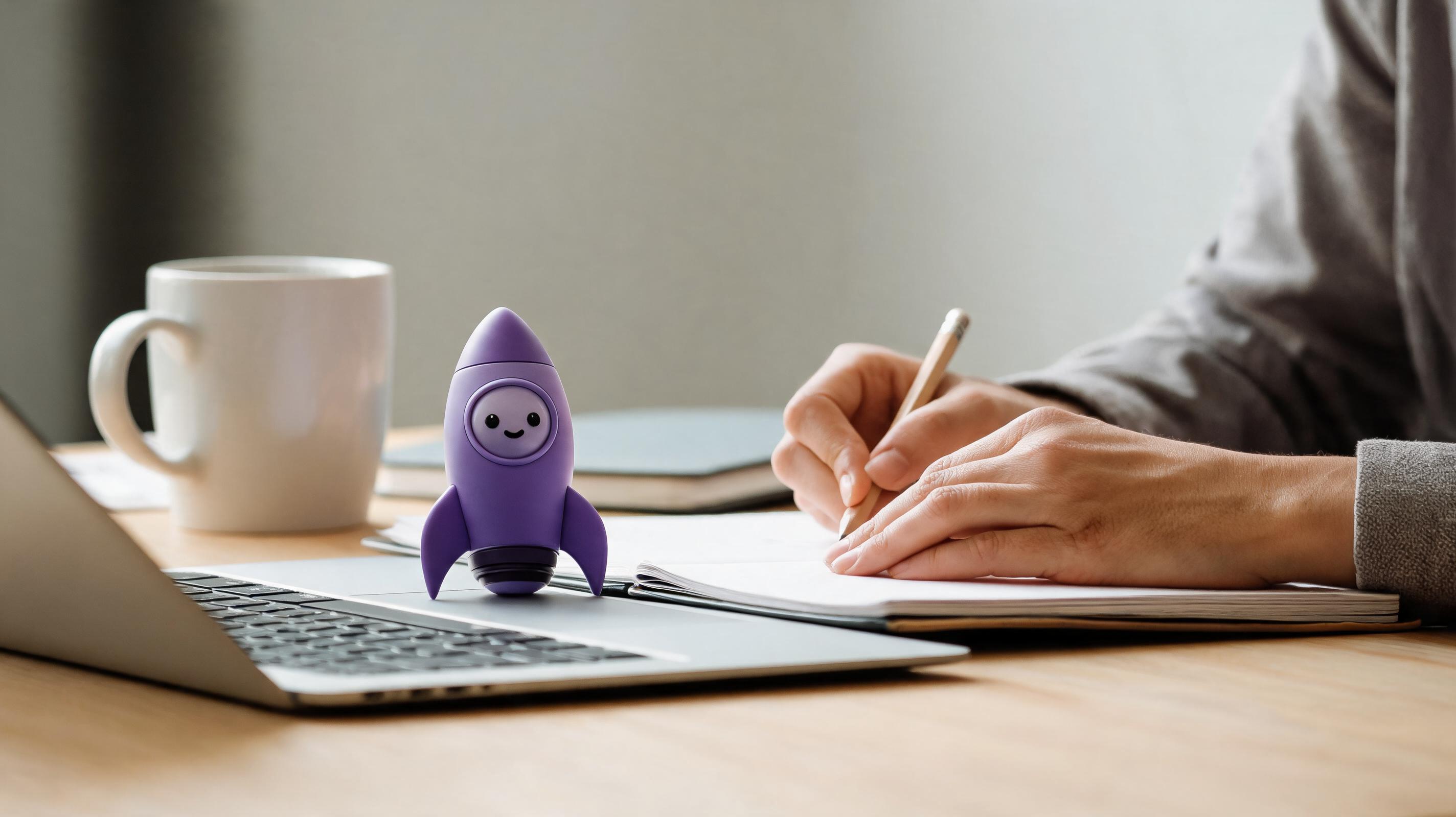 A person writing notes beside a laptop, with a purple rocket figurine and a coffee cup on a wooden desk.