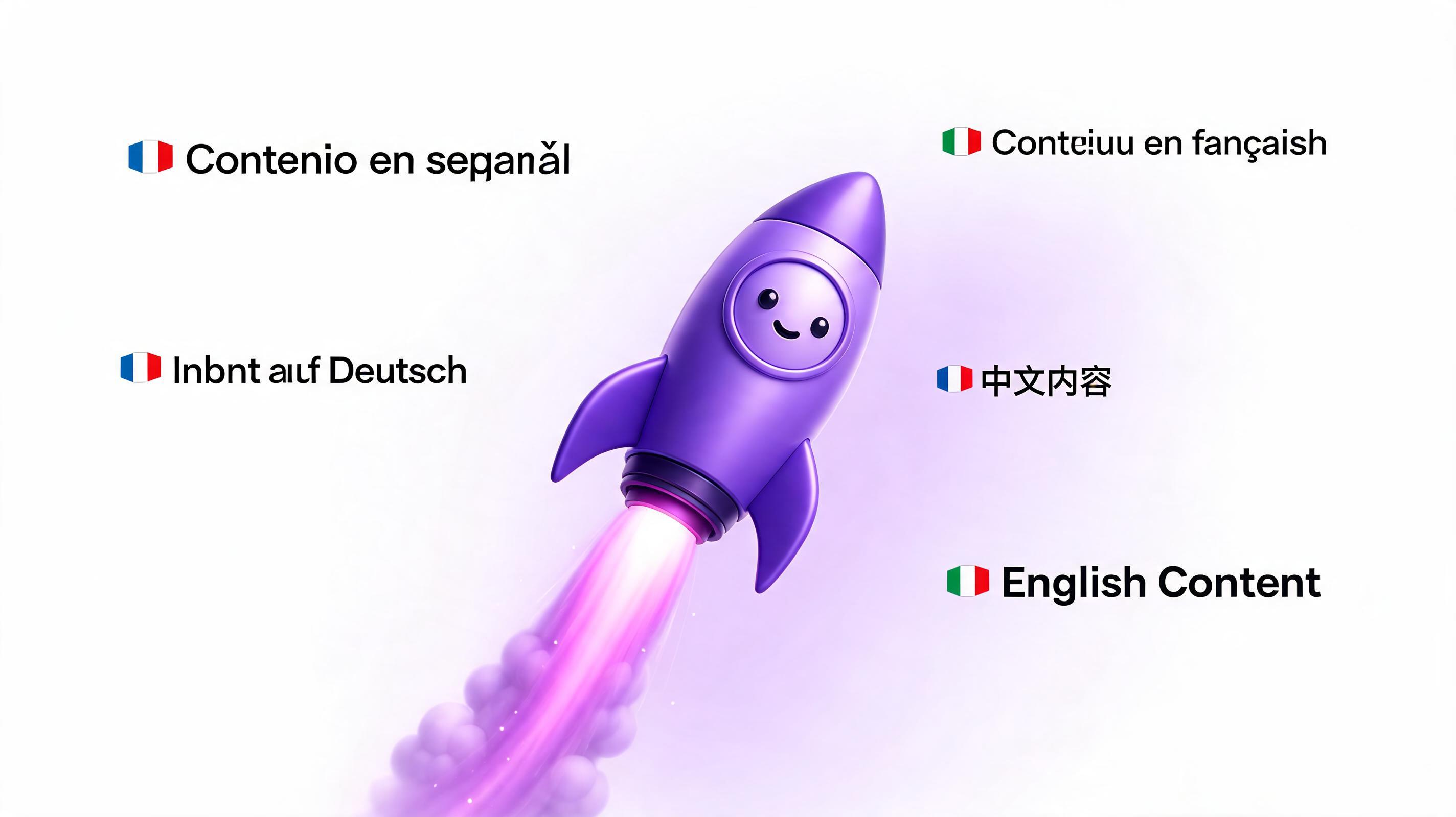 A purple rocket with a smiling face is launching, surrounded by text in multiple languages including French, German
