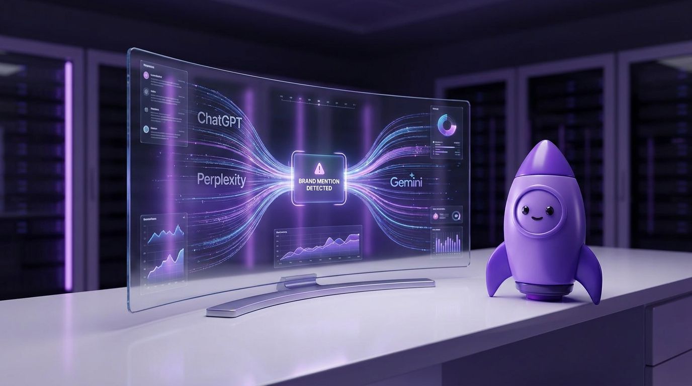 A futuristic display showing analytics for ChatGPT, Perplexity, and Gemini with a purple rocket figure beside it.