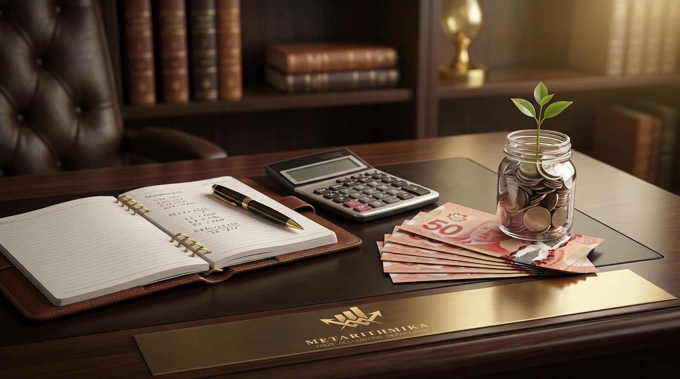 Un escritorio de madera con una calculadora, un cuaderno abierto, monedas en un frasco y billetes.