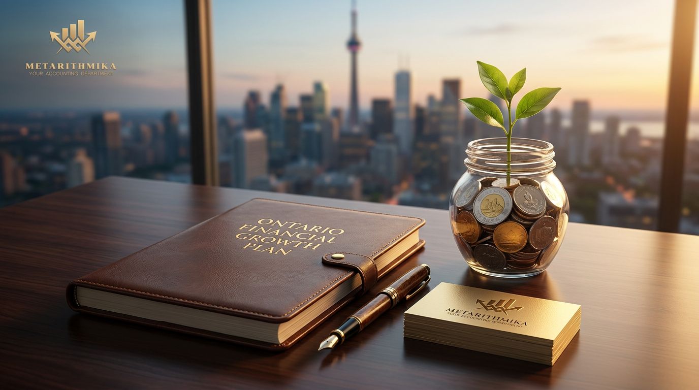 Un escritorio con un cuaderno titulado 'Ontario Financial Growth Plan', una planta en un frasco y monedas