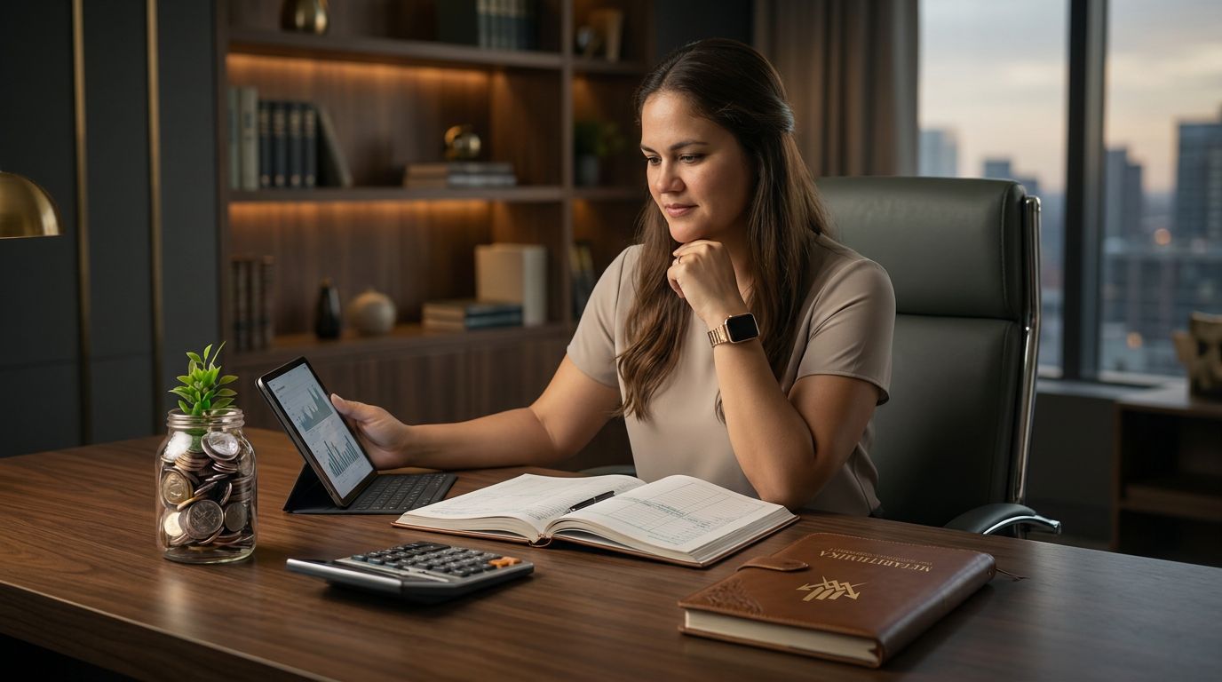 Una mujer sentada en un escritorio moderno revisando documentos y usando una tablet