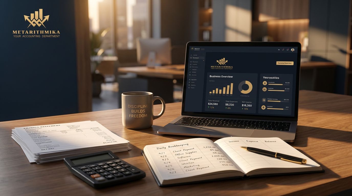 Un escritorio moderno con una laptop mostrando gráficos financieros, una calculadora, una libreta y una taza de café
