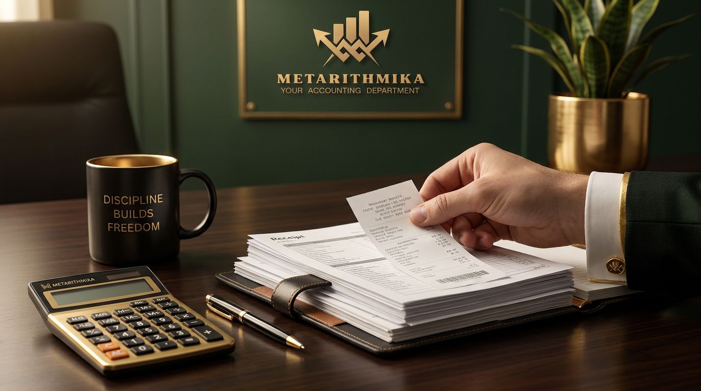 Una mano sostiene un recibo sobre una pila de documentos en un escritorio de madera, con una calculadora y un bolígrafo cerca