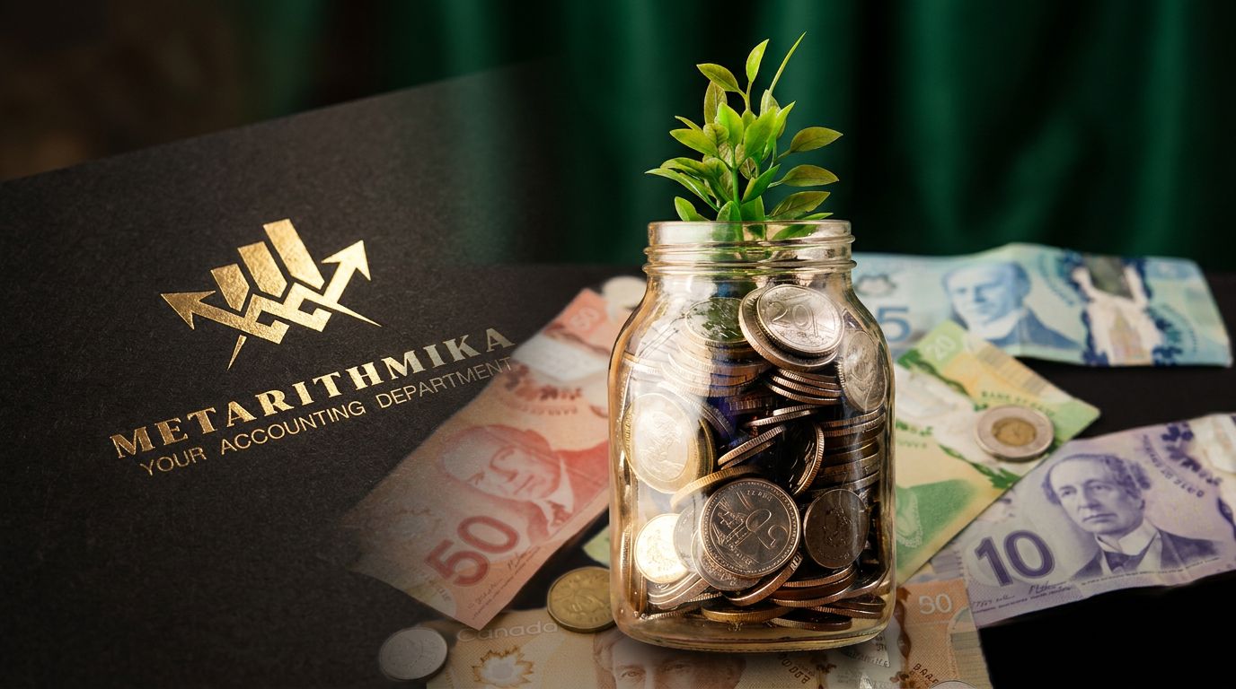Un frasco de vidrio lleno de monedas sobre billetes de diferentes denominaciones, con un fondo oscuro y una planta pequeña
