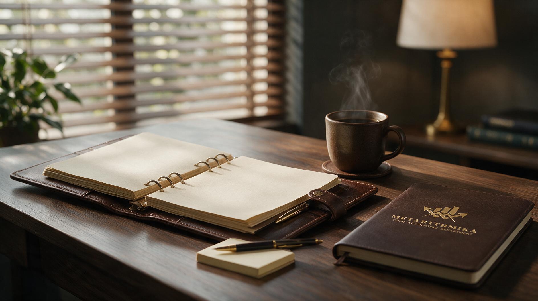 Una mesa de madera con un cuaderno abierto, una taza de café humeante y una lámpara
