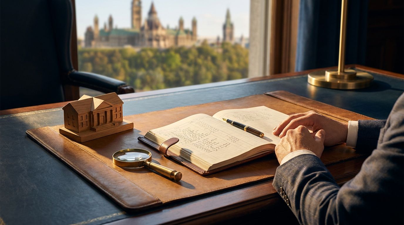 Una persona con traje se sienta en un escritorio con un libro de contabilidad abierto, una lupa y un modelo de casa de madera